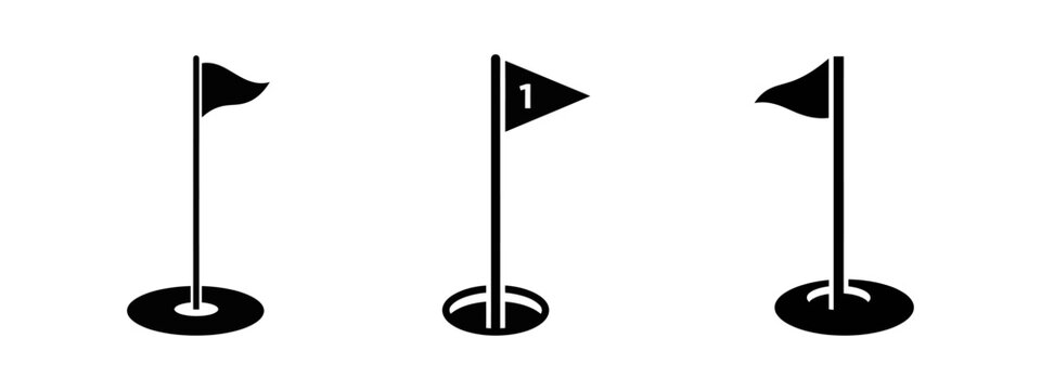 Set of golf flag icons with holes in black silhouette on white background design.