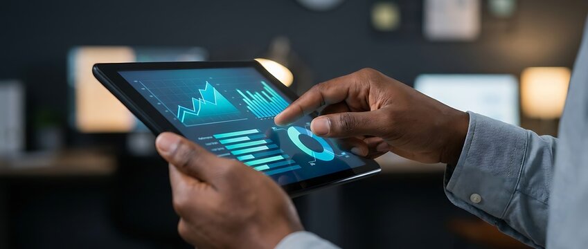 Professional businessman analyzing corporate financial performance data through interactive digital tablet device while working within modern dimly lit office setting.