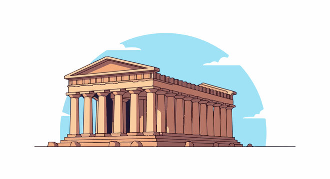 Stylized ancient temple with columns against a light blue sky