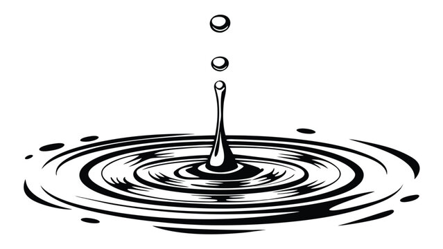 Vector illustration of a water drop falling into a liquid surface creating circular ripples with monochrome