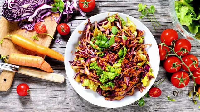 healthy vegetable salad preparation flat lay on wooden background