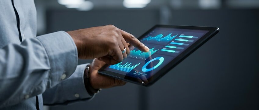 Business professional examining complex financial dashboard metrics using portable digital tablet while working in elegant dark modern corporate office area.