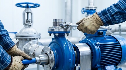 Obraz premium Industrial worker wearing protective gloves using heavy metal wrench to tighten pump flange bolts while performing regular maintenance on pipeline water system.
