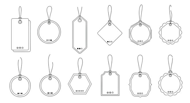 Variety of blank price tags and gift labels in different shapes and styles with strings for retail and holiday use.