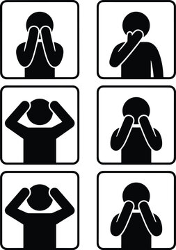 Set of black silhouette icons depicting three wise monkeys gesture, covering eyes, ears, and mouth in image_9cca3f.png