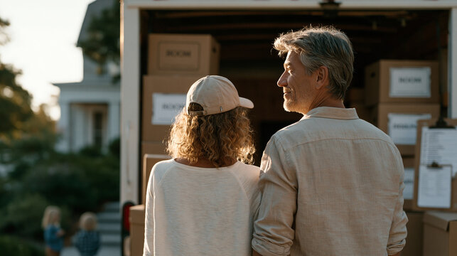 Homeowner couple loading a rental truck on a crisp September morning, stacked boxes labeled by room, a moving checklist on a clipboard taped to the truck door, children watching from the front lawn 