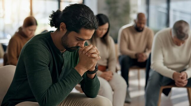 Diverse group in prayer in community space