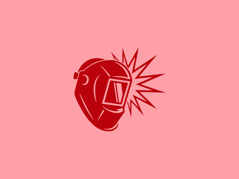 Stylized red vector illustration of a welding mask with a bright spark burst, symbolizing industrial work, safety, and craftsmanship.