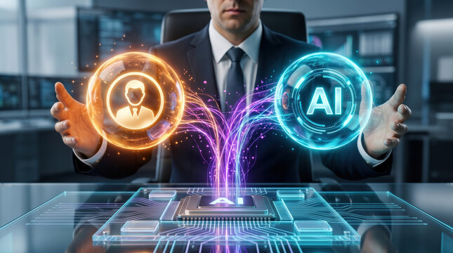 Business leader leveraging artificial intelligence and cybersecurity technologies through holographic digital interface, showcasing AI innovation, data protection and enterprise transformation