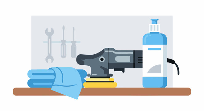 Polishing tool with cleaning supplies and tools on a shelf