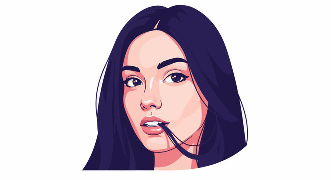 Portrait of a young woman with dark hair, biting her lip