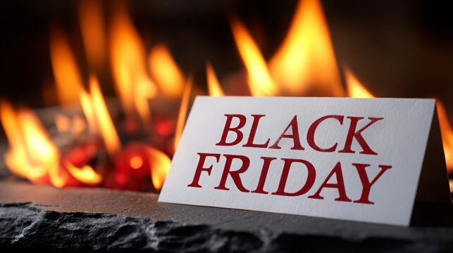 Black Friday sale sign in front of flames with glowing embers visible