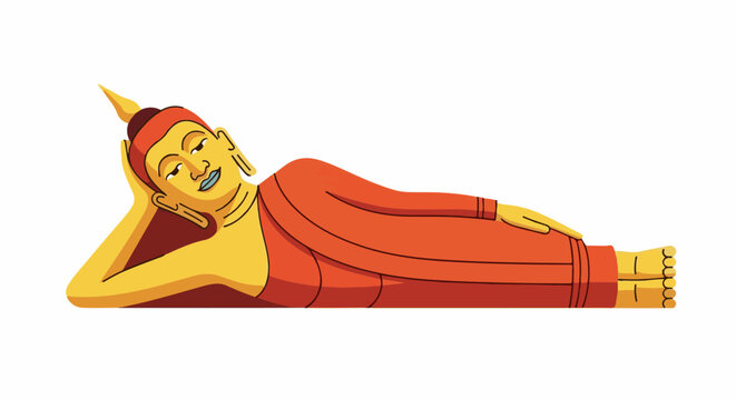 Reclining Buddha in red robes, serene expression, golden skin