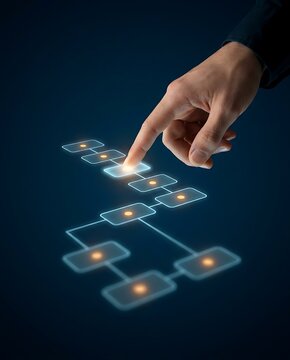 Finger pointing at illuminated digital node in a complex organizational flowchart against a dark background signifying strategy and technology.