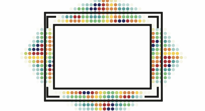 Rectangular frame adorned with colorful, pixelated dots in a gradient