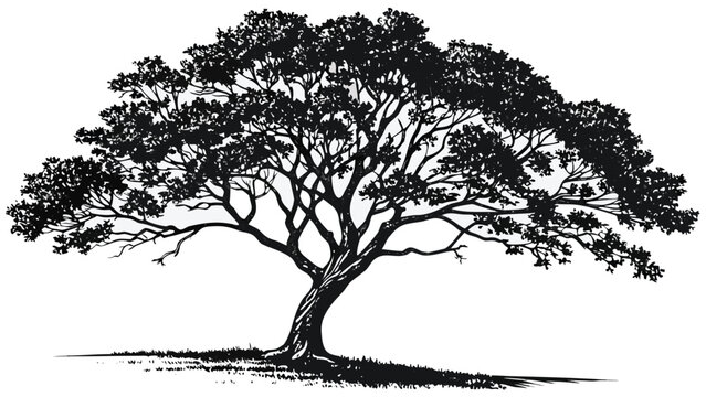 Vector illustration of a mature oak tree in black and white etching style with engraving silhouette detailed