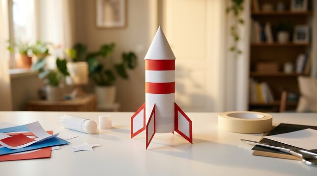 Homemade paper rocket craft project on a table with crafting supplies like scissors tape glue and colorful paper for kids activity fun education stem learning creative hobby.