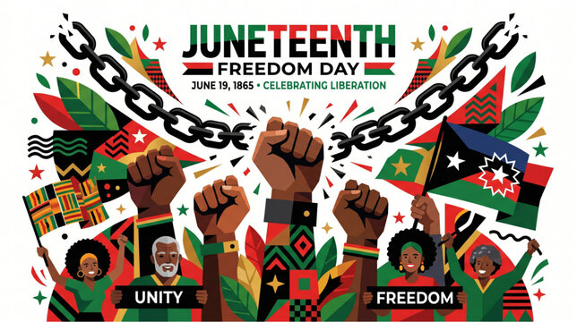 A vibrant vector illustration for Juneteenth Freedom Day showcasing multiple raised black fists breaking a massive metal chain, surrounded by people, banners of unity, and cultural flags.