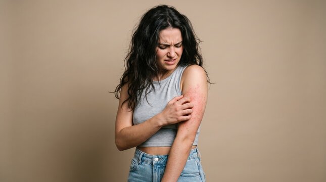 Young woman scratching her itchy arm skin irritation on a neutral background with scratching irritation dermatology