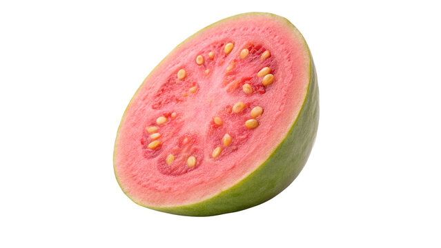Fresh ripe pink guava fruit cut slice half showing seeds inside on transparent background