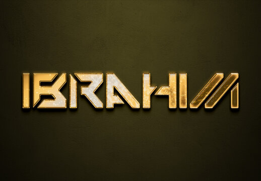 Old gold text effect of Arabic name Ibrahim with 3D glossy style Mockup.
