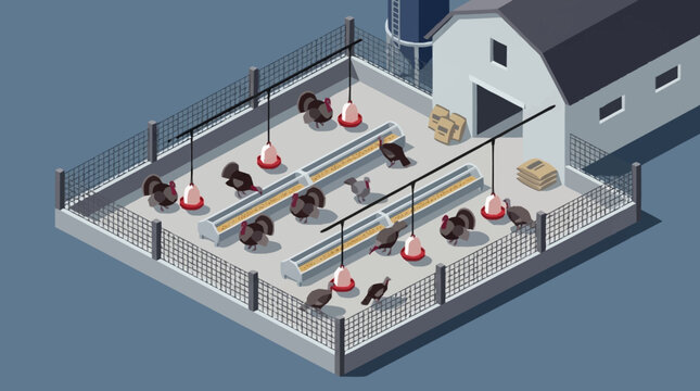 Isometric illustration of a fenced chicken farm with a barn.