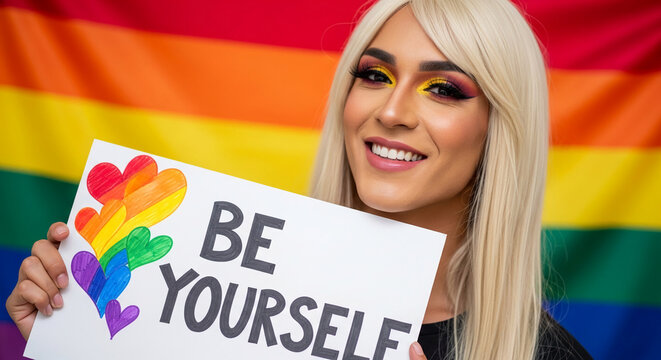 Woman holding a sign "BE YOURSELF" with rainbow hearts, against a rainbow flag background, symbolizing pride and individuality