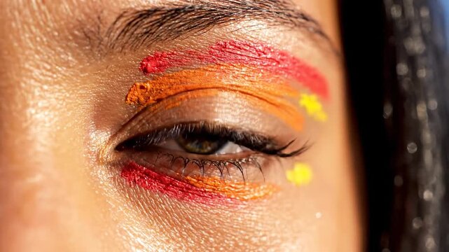 Close up of a blue human eye with vibrant red and orange artistic face paint in natural sunlight