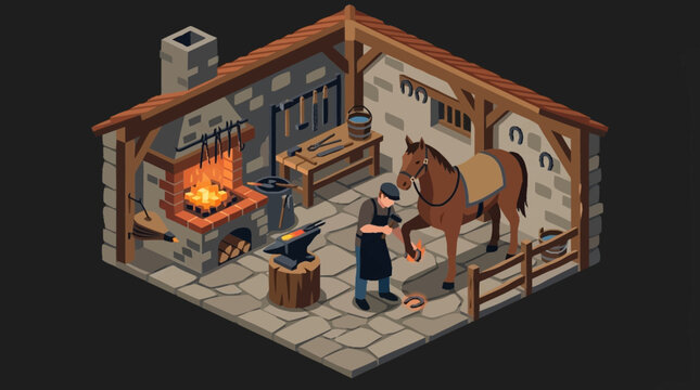 a man shoeing a horse in a workshop.