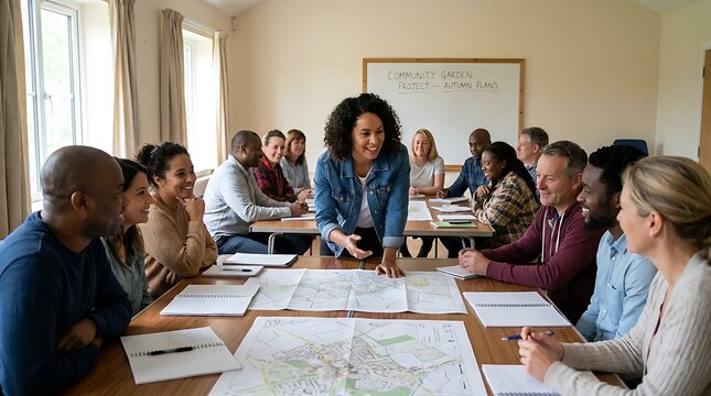 Energetic woman leads community garden project discussion around a large table covered in maps and plans.