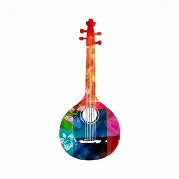 Abstract Long Neck Lute with Colorful Geometric Collage and Floral Details
