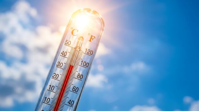 Close up thermometer indicating high temperature under bright summer sun against blue sky showing concept of global warming heat wave climate crisis environmental danger.
