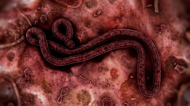 Microscopic view of dangerous ebola virus filoviridae pathogen structure causing hemorrhagic fever disease epidemic infection research laboratory medical illustration.