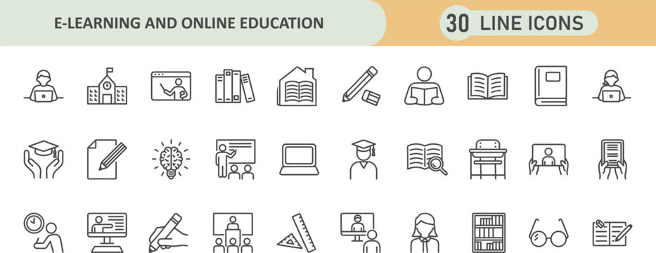 Set of 30 e learning and online education line icons for digital course development with elearning education learning classroom technology training computer internet knowledge platform