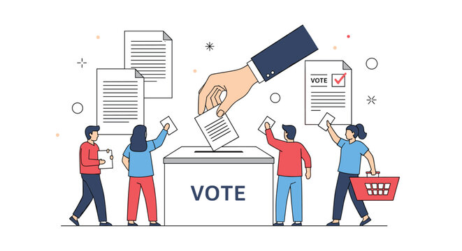 Conceptual illustration shows people participating in a vote by dropping paper ballots into a large box labeled vote.