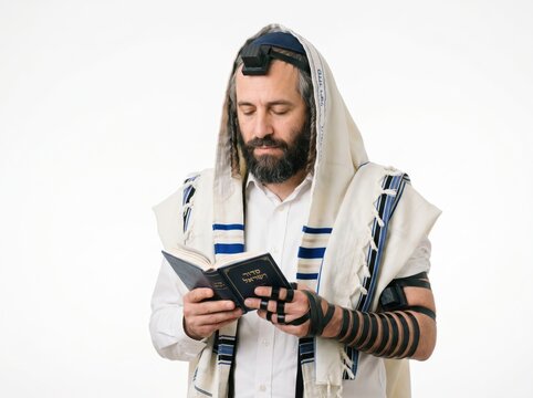 Orthodox jewish man reading a book isolated on white background