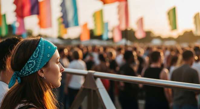A young woman with a turquoise bandana in her hair looks out at a crowd at a sunny outdoor event with colorful flags in the background, representing festival atmosphere and unity.