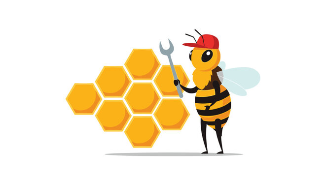Hardworking cartoon bee wearing a red cap and holding a large wrench while standing next to a stack of golden honeycombs.