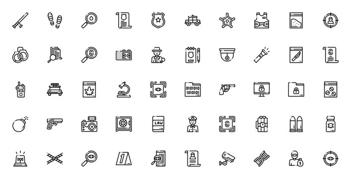 Crime investigation icon set. Minimal thin line icons. Crime symbols pack. Featuring baton, handcuffs, fingerprint, CCTV, evidence, gun, badge and more.