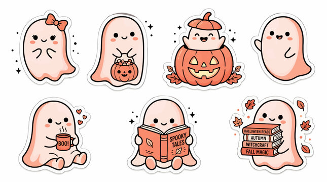 Cute Kawaii Halloween Ghosts and Pumpkins, Vector Illustrations of Friendly Spirits with Books, Candy and Hot Drinks, Autumn and Spooky Season Graphics