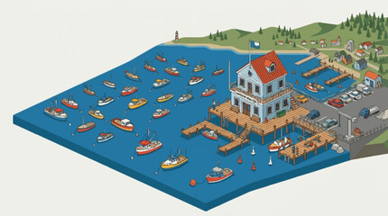 Isometric illustration of a marina with boats and buildings. © Agus