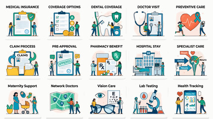 Fototapeta premium Set of fifteen flat vector illustrations depicting medical insurance, dental coverage, doctor visit, preventive care, claim process, pre-approval, pharmacy benefit, hospital stay, specialist care