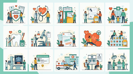 Fototapeta premium Flat Vector Illustrations Set: Medical Insurance, Doctor Consultation, Dental Care, Lab Tests, Patient Records, Pharmacy, Hospital, Eye Exam, Surgery