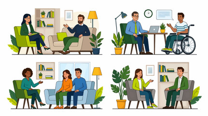 Fototapeta premium Flat Vector Illustration Set of Four Psychologist Sessions, Diverse People in Therapy, Including Couple and Wheelchair User, with Copy Space