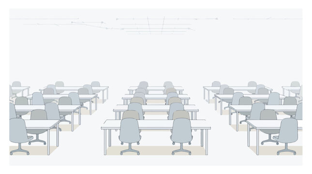 Minimalist illustration of a sterile corporate office workspace with rows of empty desks and chairs representing corporate control and AI dystopian themes