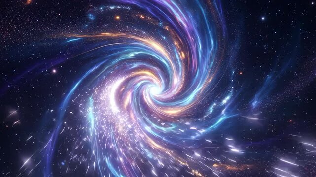 A cinematic animation of a rotating cosmic galaxy with glowing starlight and swirling nebula clouds, creating a deep space warp effect.