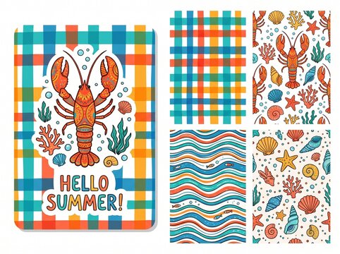Colorful lobster sea life card and pattern set vector. Hand drawn plaid, striped wave, shell and lobster background design for video template