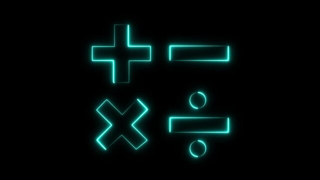 Glowing neon Mathematical operation icons including plus minus multiply divide symbols for calculator and education design.4k motion graphics video animation