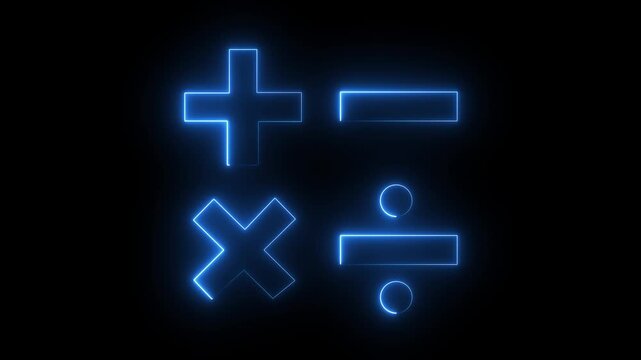 Glowing neon Mathematical operation icons including plus minus multiply divide symbols for calculator and education design.4k motion graphics video animation