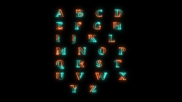 Glowing neon English Upper and lowercase alphabet letter pairs chart, typography learning reference, educational font layout graphic.4k motion graphics video animation